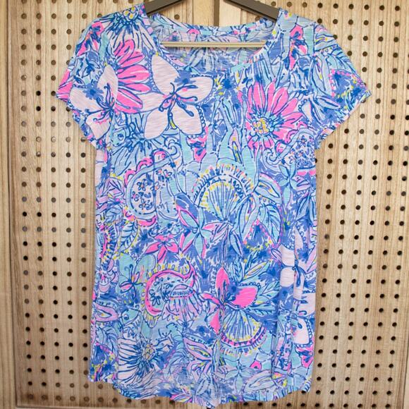 Lilly Pulitzer Pink Blue Neon Top T Shirt Heathered Womens SIZE Small - Picture 1 of 5